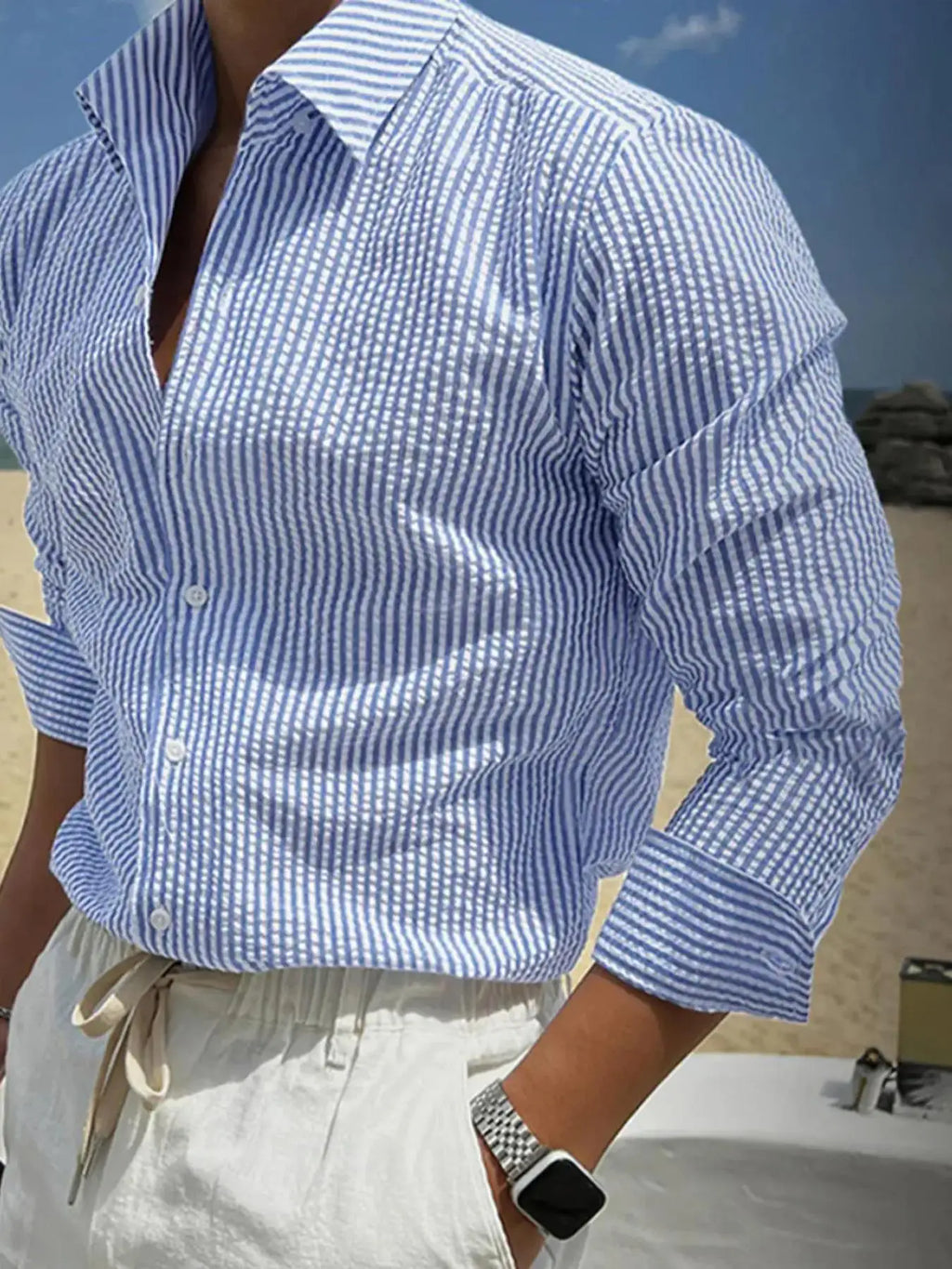 Camisa de Manga Larga a Rayas para Hombre, Corte Holgado, Elegante, Cómoda, Informal, para Todas las Temporadas, Ideal para Actividades al Aire Libre