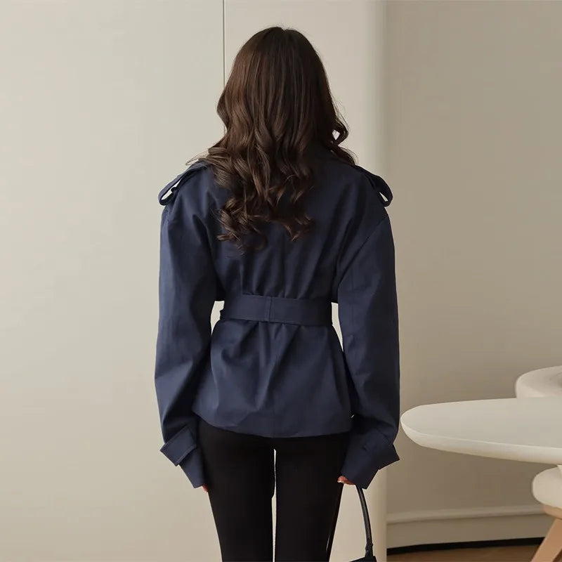 F nueva moda gabardina recortada con cordones para mujer solapa manga larga chaqueta cortavientos con hombros anchos chaquetas diarias para ir al trabajo en otoño