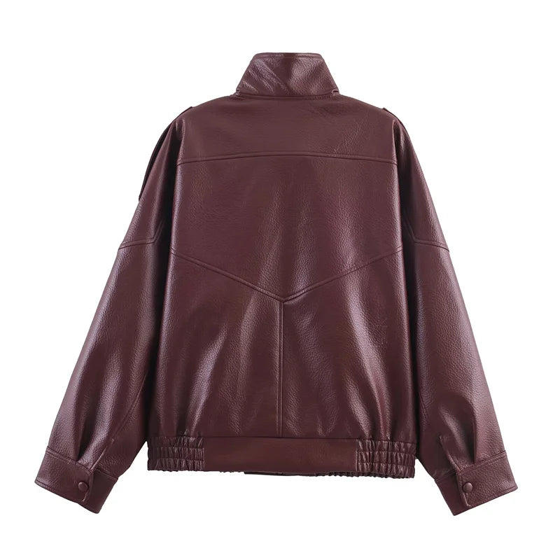 Chaqueta de Mujer Otoño 2026, Nueva Chaqueta Negra de Manga Larga de Cuero Sintético con Textura Granulada, Estilo Motociclista, a la Moda y con Personalidad