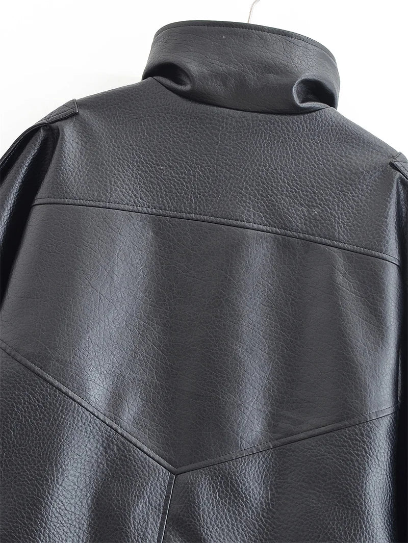 Chaqueta de Mujer Otoño 2026, Nueva Chaqueta Negra de Manga Larga de Cuero Sintético con Textura Granulada, Estilo Motociclista, a la Moda y con Personalidad