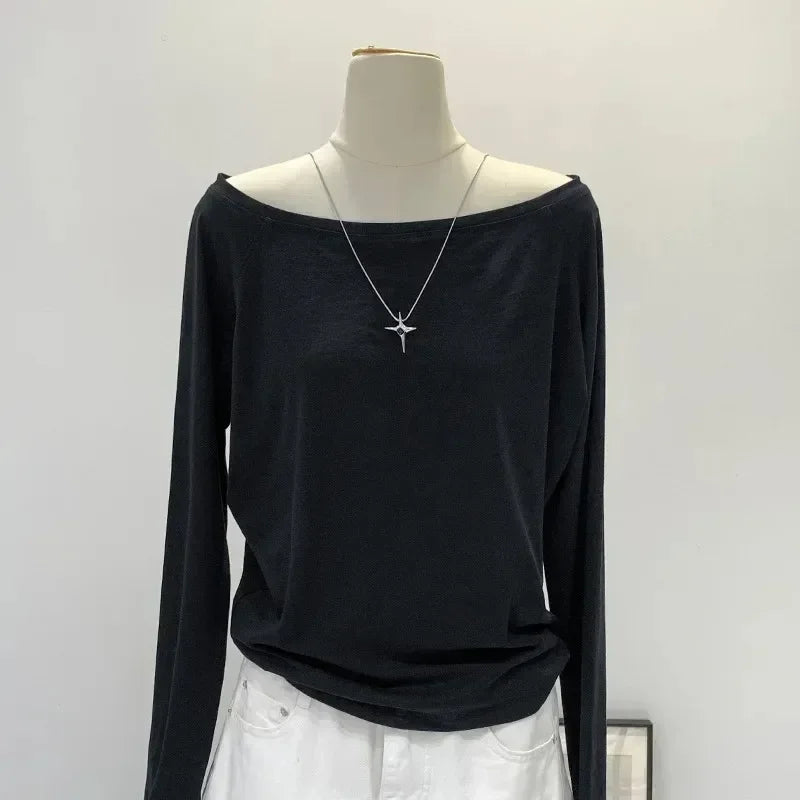 Otoño Invierno un hombro algodón manga larga hombro inclinado ropa de mujer estilo Interior ancho trufa hombro Base camisa