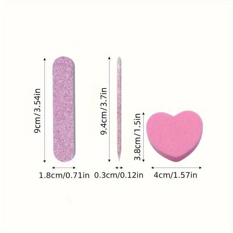 Set de 12 Piezas para el Cuidado de las Uñas con Brillo Rosa - Pulidor en Forma de Corazón, Varilla de Cristal y Lima de Doble Cara para Arte de Uñas y Pedicura