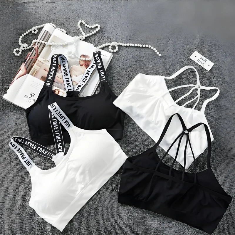 Ropa interior deportiva para mujer, top corto sin costuras para yoga y fitness, con tirantes anchos con letras, cómodo para entrenamiento, ropa deportiva sin aros en la espalda