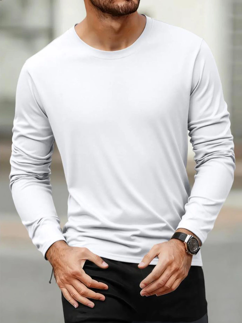 Camisetas de manga larga para hombre, camisetas informales con cuello redondo que absorben la humedad, camisetas deportivas cómodas y versátiles para hombre