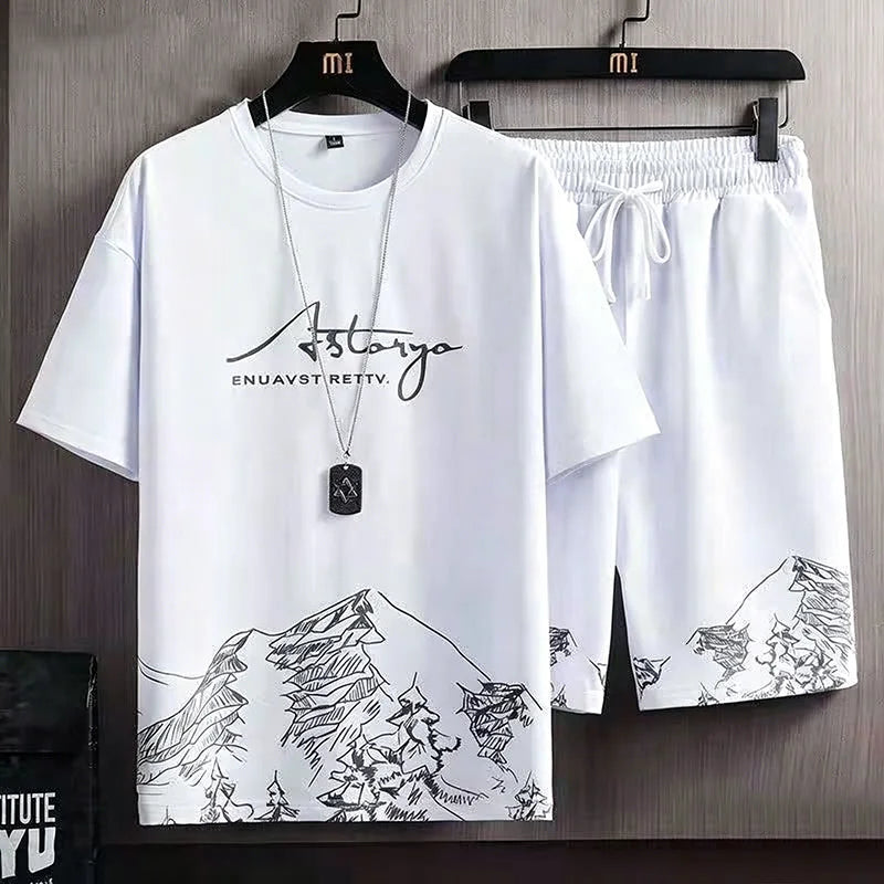 Traje deportivo informal de seda helada para hombre, sudadera estampada, pantalones de chándal para correr al aire libre, deportes, entrenamiento de baloncesto, traje de Fitness de 2 piezas