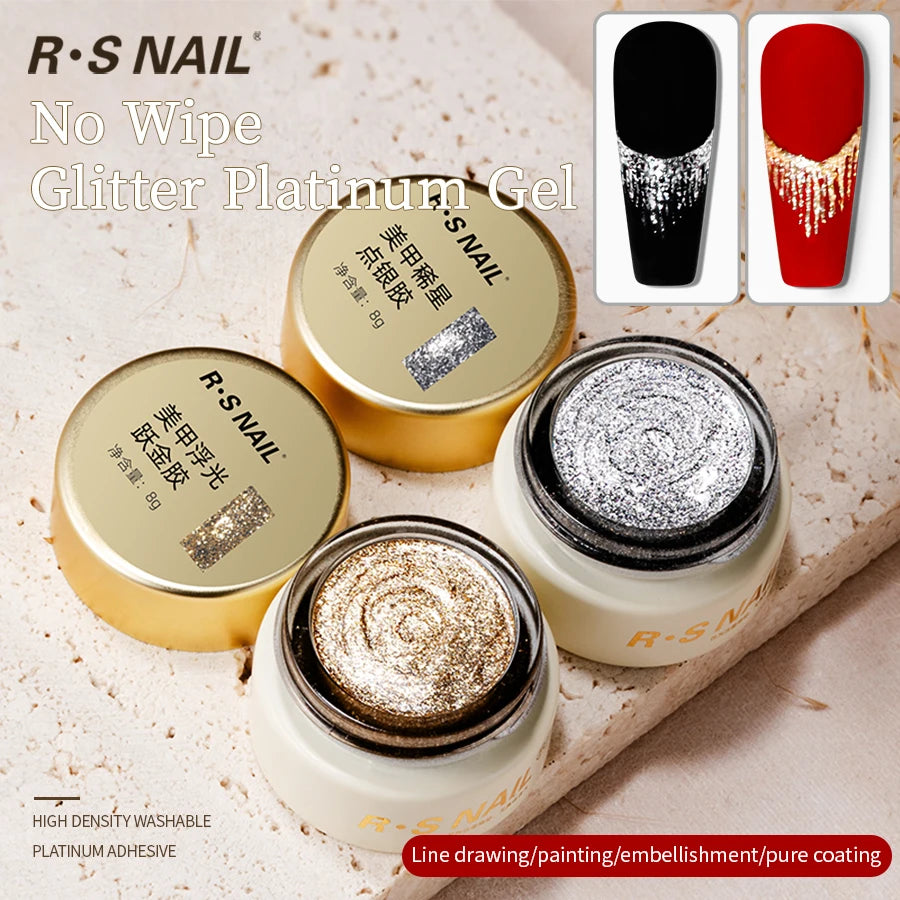 RSNAIL Esmalte de Uñas en Gel Platino Sin Capa Pegajosa 8g, Gel Metálico Brillante Dorado y Plateado para Delineado, Delineador para Dibujo Francés, Arte de Uñas DIY