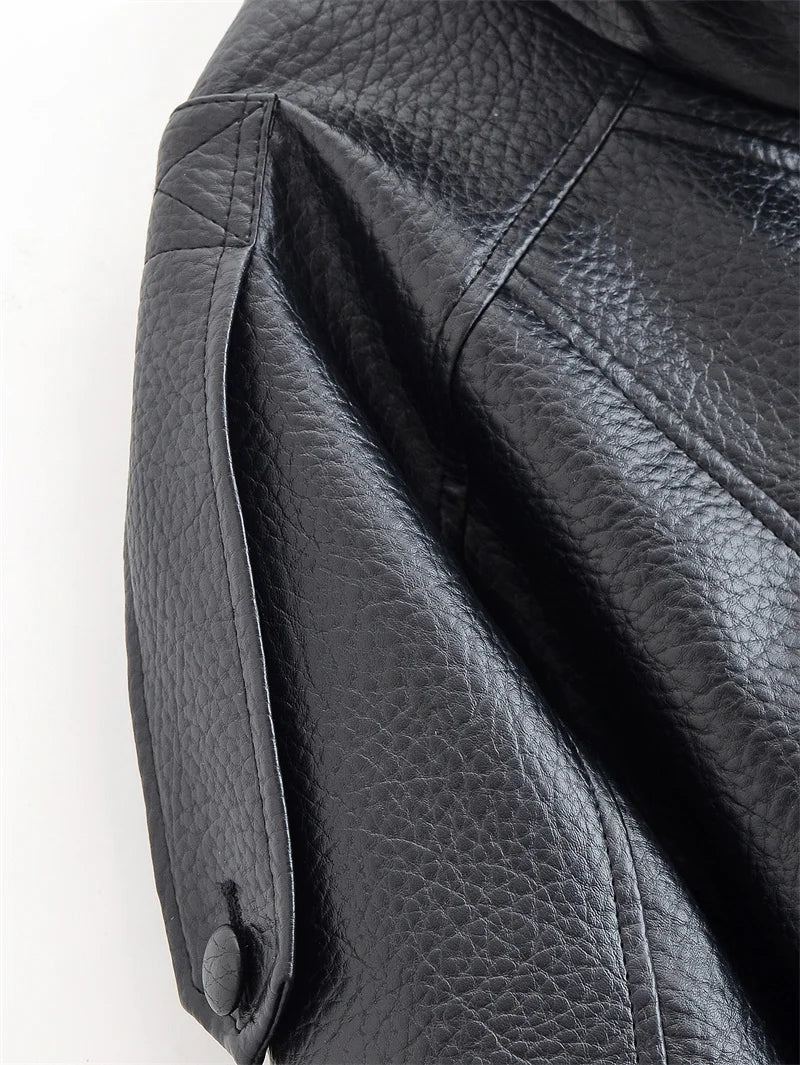 Chaqueta de Mujer Otoño 2026, Nueva Chaqueta Negra de Manga Larga de Cuero Sintético con Textura Granulada, Estilo Motociclista, a la Moda y con Personalidad