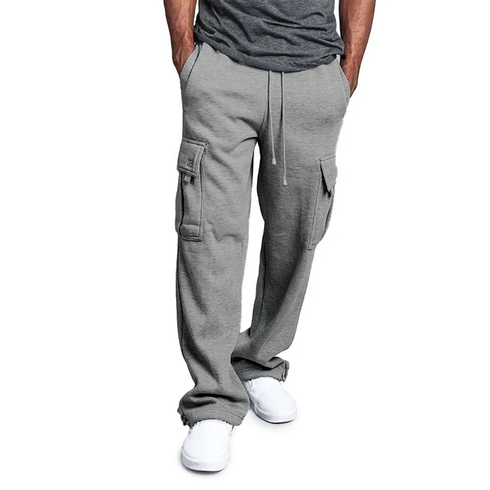 Pantalones de chándal de Ajuste Recto para hombre, ropa de calle para deportes y Joggers, pantalones largos holgados de gran tamaño con cordón, pantalones con múltiples bolsillos