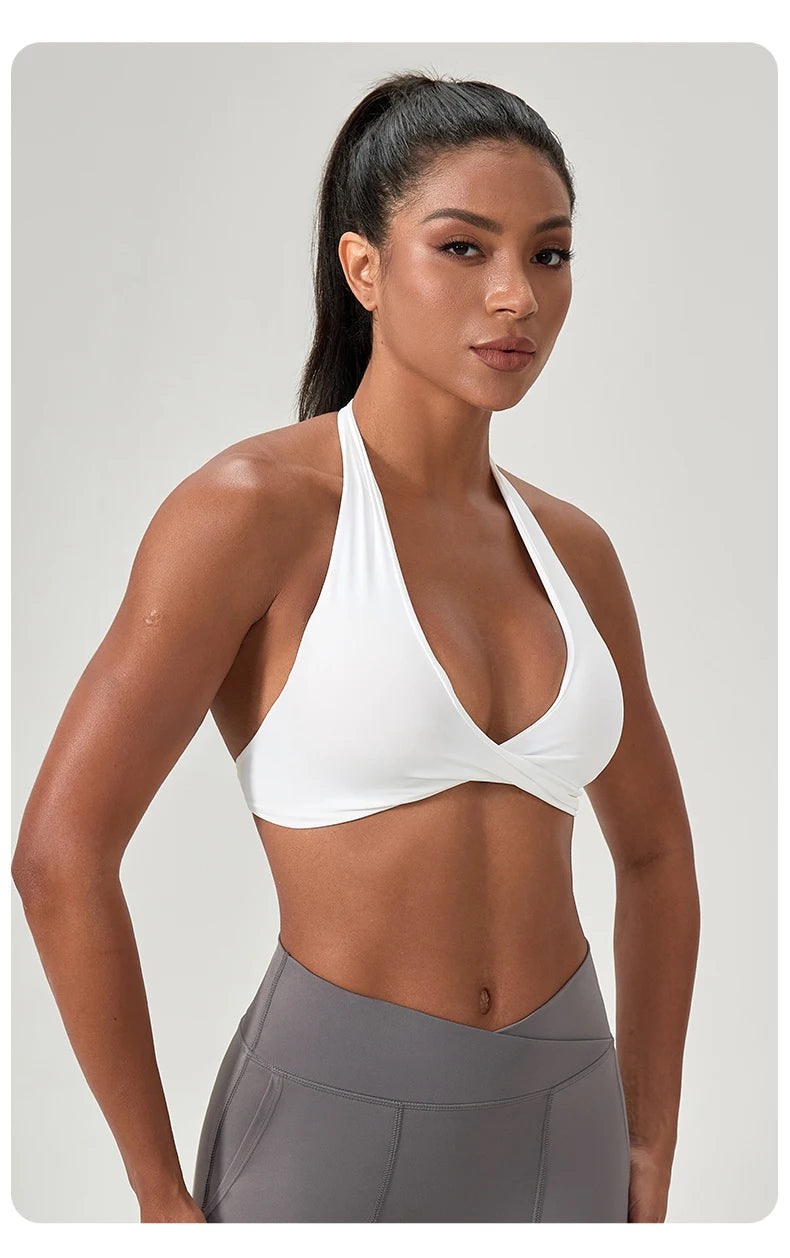 Sujetador deportivo de yoga para mujer, cuello halter con diseño de espalda elegante, sujetador de gimnasio sexy para correr, sujetadores deportivos de fitness