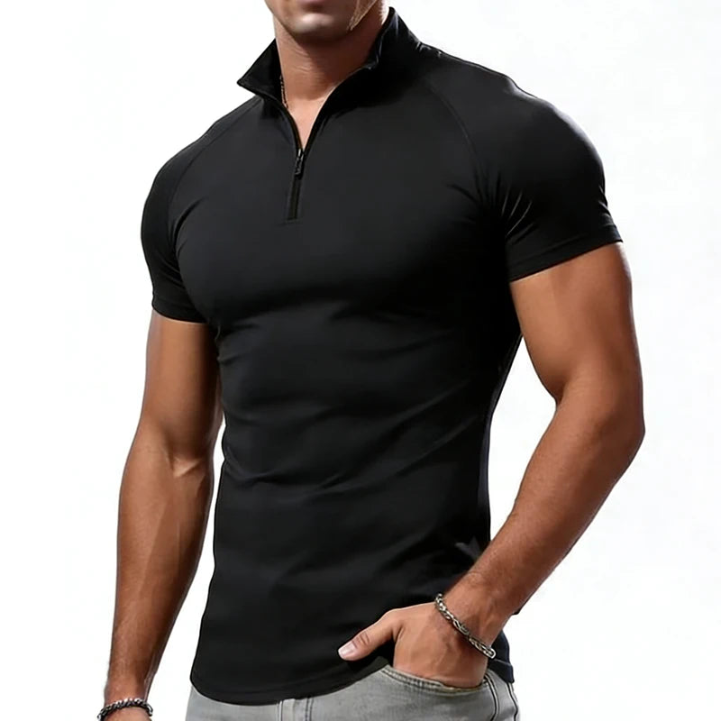 Camiseta de compresión para hombre, de verano, con cuello con cremallera, tops masculinos, camiseta de gimnasio, fitness, ajustada, casual, a la moda