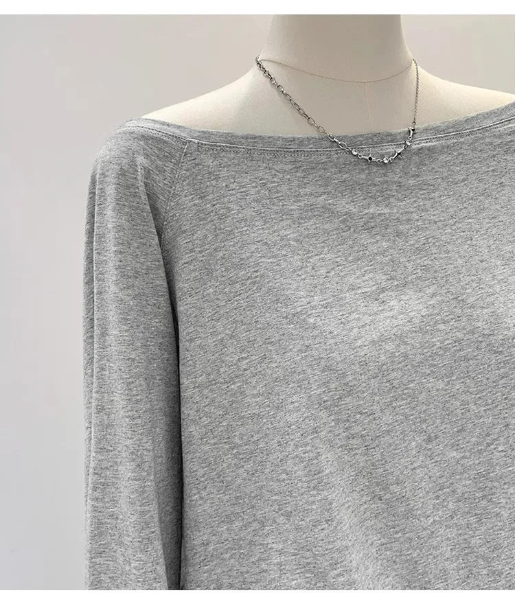Otoño Invierno un hombro algodón manga larga hombro inclinado ropa de mujer estilo Interior ancho trufa hombro Base camisa