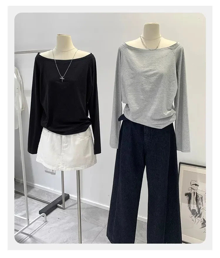 Otoño Invierno un hombro algodón manga larga hombro inclinado ropa de mujer estilo Interior ancho trufa hombro Base camisa