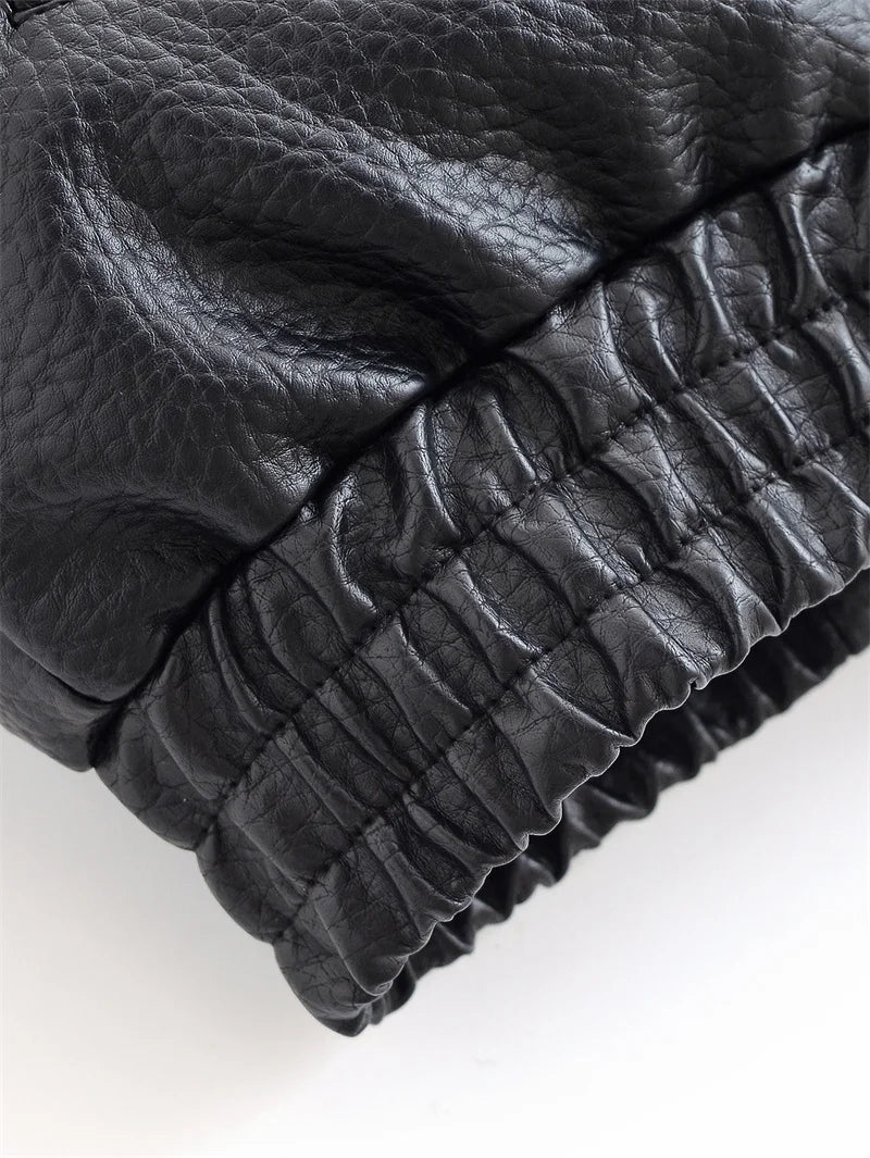 Chaqueta de Mujer Otoño 2026, Nueva Chaqueta Negra de Manga Larga de Cuero Sintético con Textura Granulada, Estilo Motociclista, a la Moda y con Personalidad