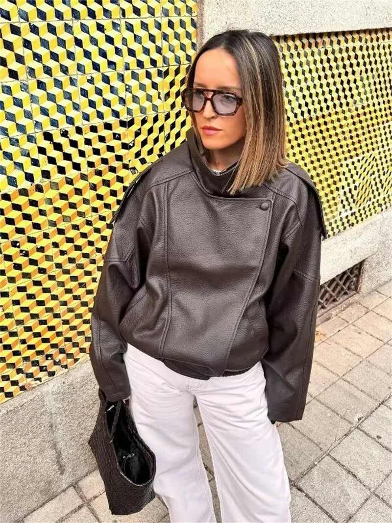 Chaqueta de Mujer Otoño 2026, Nueva Chaqueta Negra de Manga Larga de Cuero Sintético con Textura Granulada, Estilo Motociclista, a la Moda y con Personalidad