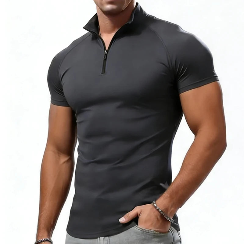 Camiseta de compresión para hombre, de verano, con cuello con cremallera, tops masculinos, camiseta de gimnasio, fitness, ajustada, casual, a la moda