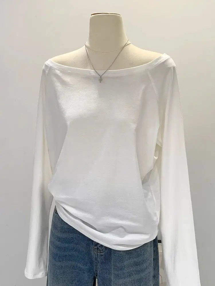 Camiseta de manga larga con hombros descubiertos para mujer, Top holgado Sexy con un hombro al descubierto, camisetas básicas informales, blusa Preppy escolar para primavera y otoño