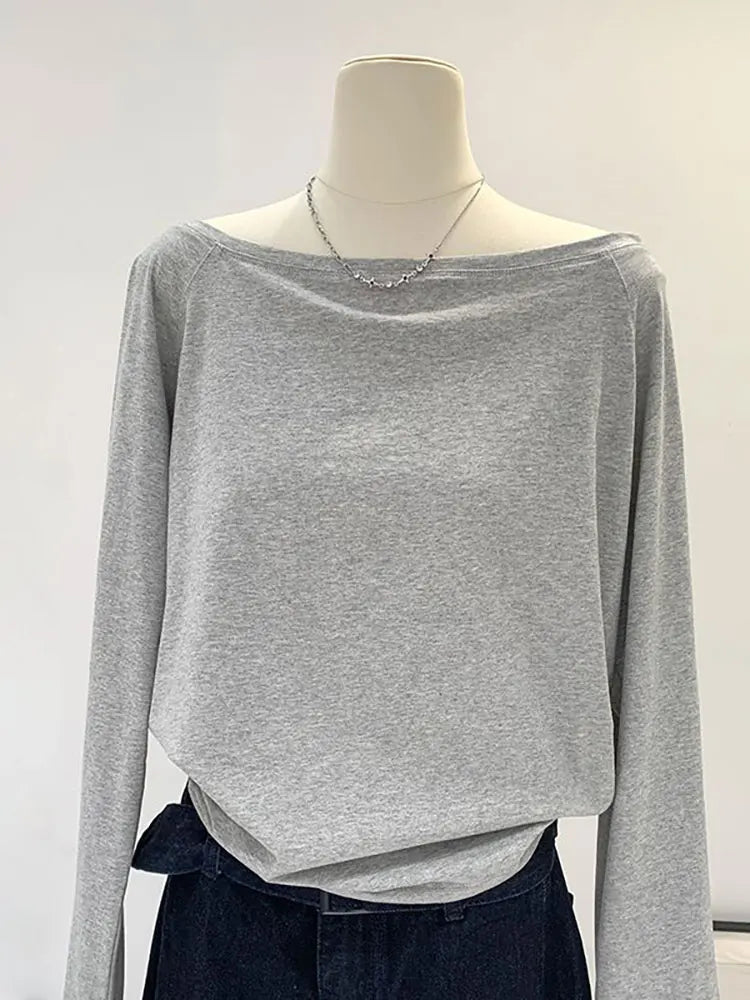 Camiseta de manga larga con hombros descubiertos para mujer, Top holgado Sexy con un hombro al descubierto, camisetas básicas informales, blusa Preppy escolar para primavera y otoño