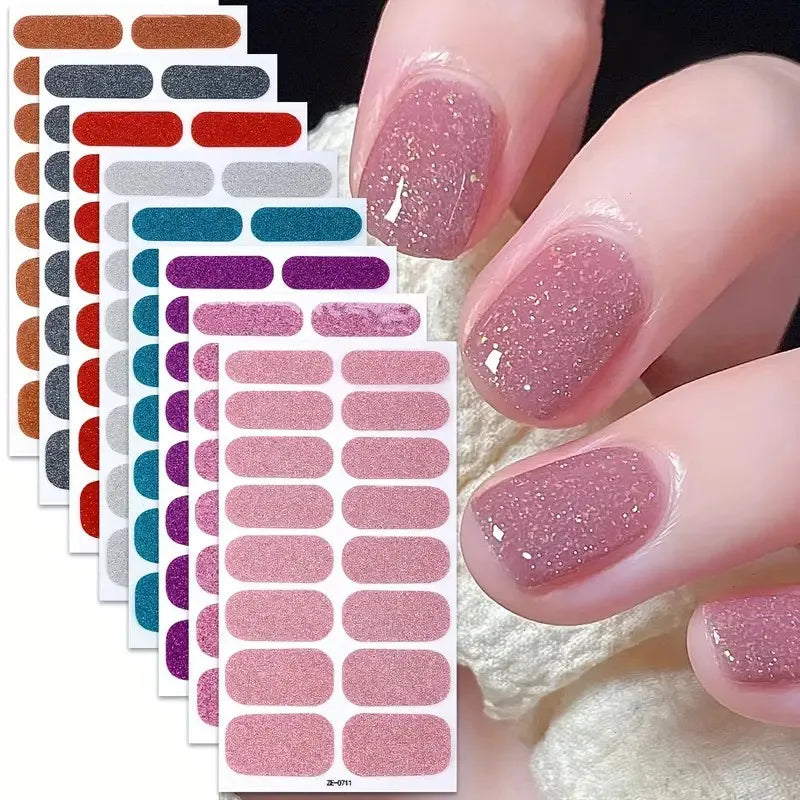 8 hojas de tiras de esmalte de uñas de envoltura completa, pegatinas de uñas de Gel autoadhesivas con purpurina de uñas rosa, para mujeres, suministros de uñas DIY para el hogar, Kit de manicura
