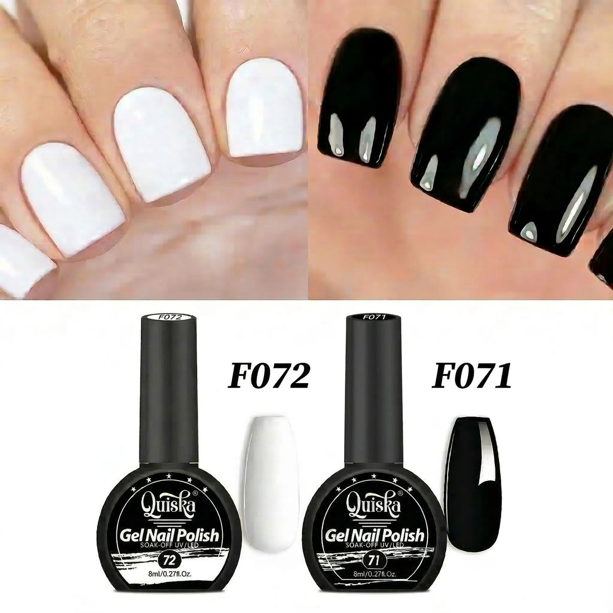Quiska - Juego de 2 Esmaltes de Uñas en Gel Blanco y Negro de 8 ml, Semipermanentes, Secado con Lámpara UV LED, Herramientas de Manicura, Diseño DIY