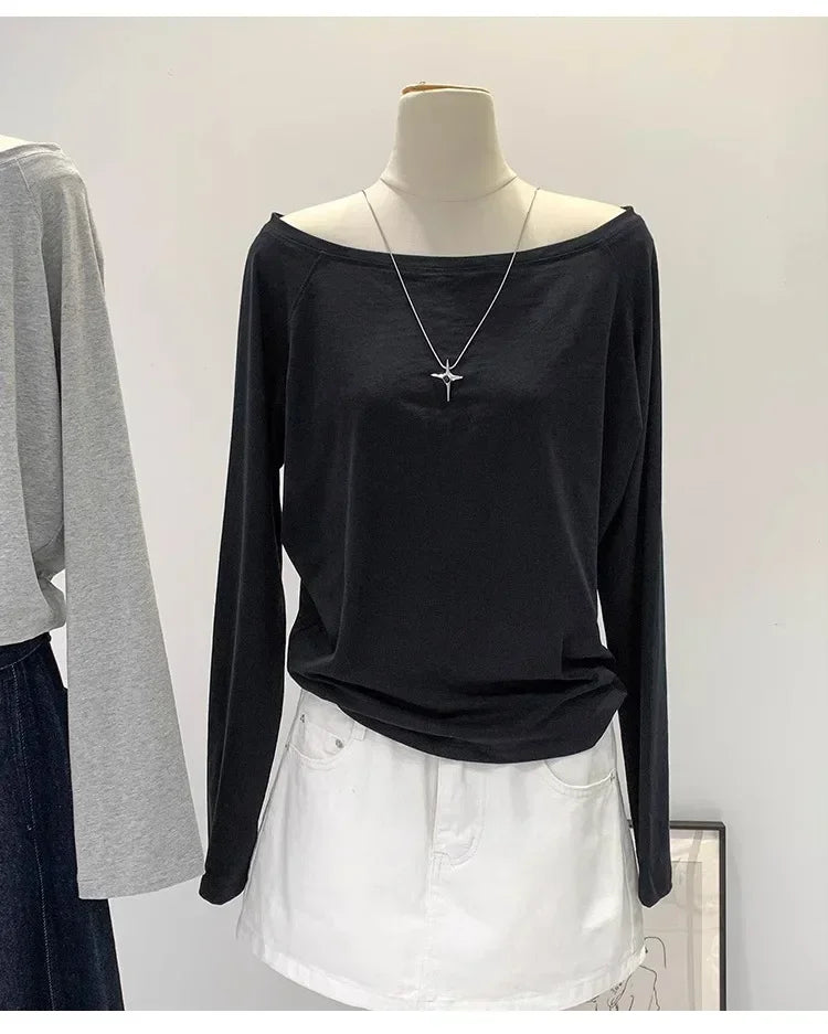 Otoño Invierno un hombro algodón manga larga hombro inclinado ropa de mujer estilo Interior ancho trufa hombro Base camisa