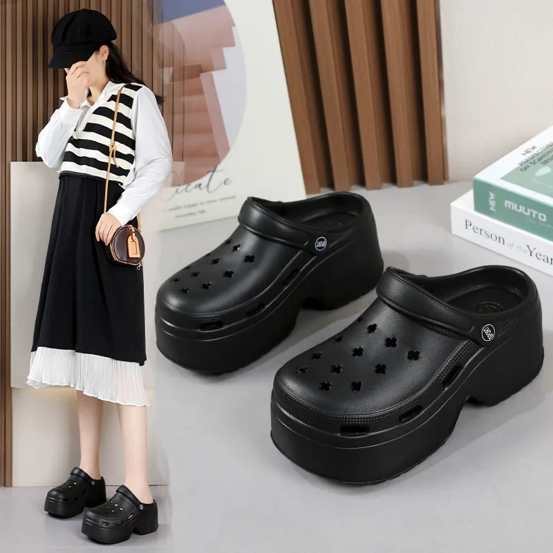 Sandalias de mujer de 9CM de espesor, novedad de 2023, zapatillas de verano, tacón alto, suela suave, zapatos para jardín y playa, zapatos impermeables con agujeros para mujer