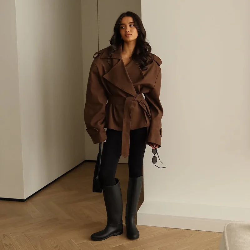F nueva moda gabardina recortada con cordones para mujer solapa manga larga chaqueta cortavientos con hombros anchos chaquetas diarias para ir al trabajo en otoño