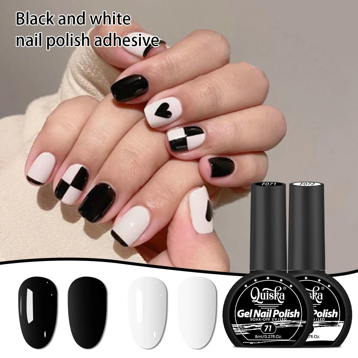 Quiska - Juego de 2 Esmaltes de Uñas en Gel Blanco y Negro de 8 ml, Semipermanentes, Secado con Lámpara UV LED, Herramientas de Manicura, Diseño DIY