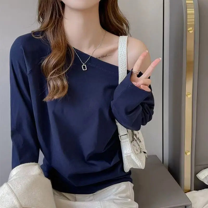 Otoño Invierno un hombro algodón manga larga hombro inclinado ropa de mujer estilo Interior ancho trufa hombro Base camisa