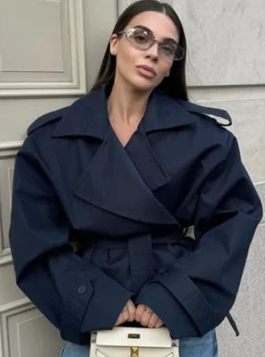 Gabardina lisa con cordones y solapa para mujer, abrigo corto holgado a la moda con mangas largas y hombros anchos, prendas de vestir para ir al trabajo de otoño 2025