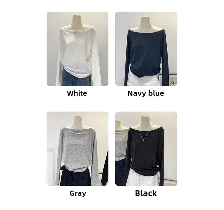 Otoño Invierno un hombro algodón manga larga hombro inclinado ropa de mujer estilo Interior ancho trufa hombro Base camisa