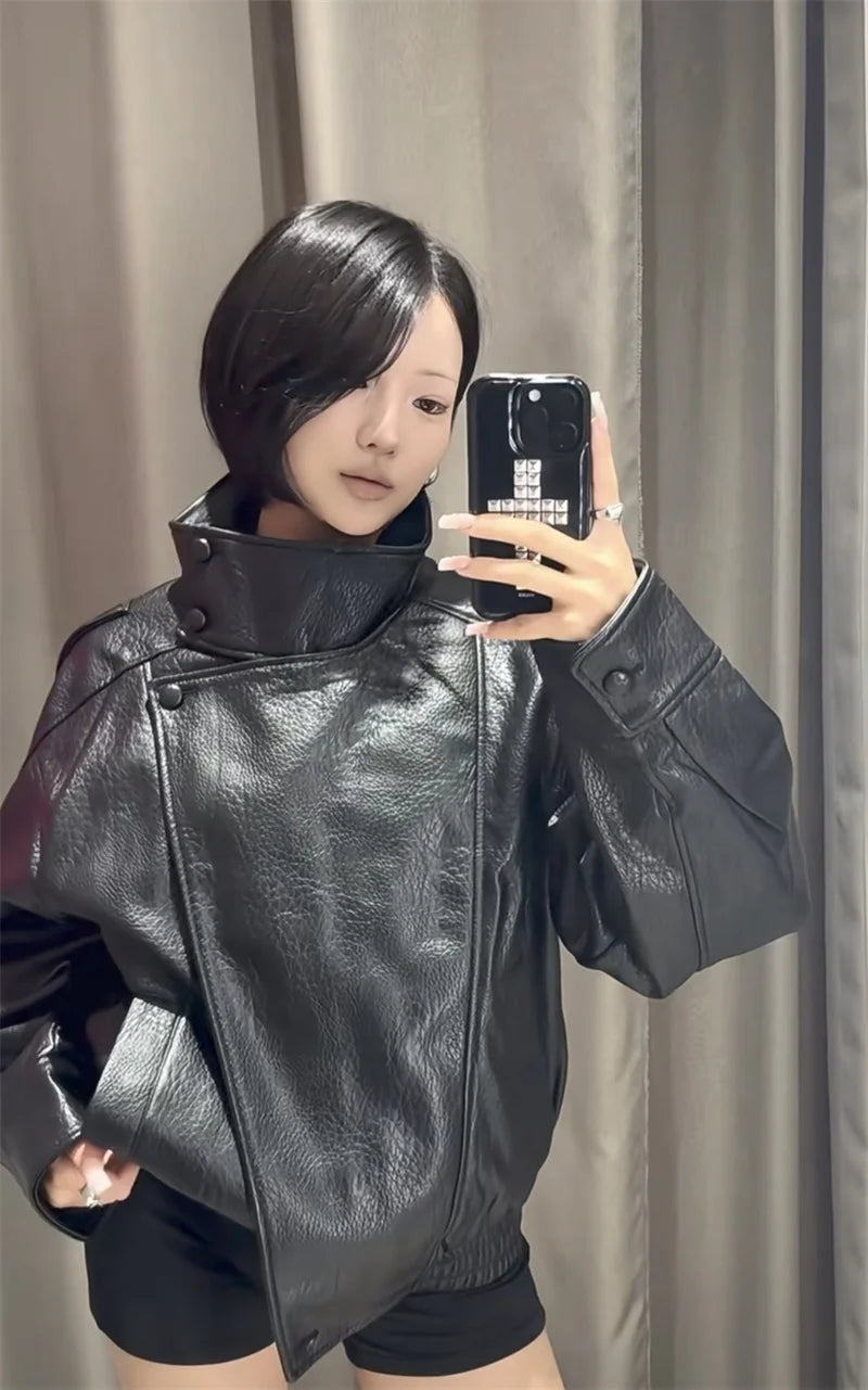 Chaqueta de Mujer Otoño 2026, Nueva Chaqueta Negra de Manga Larga de Cuero Sintético con Textura Granulada, Estilo Motociclista, a la Moda y con Personalidad