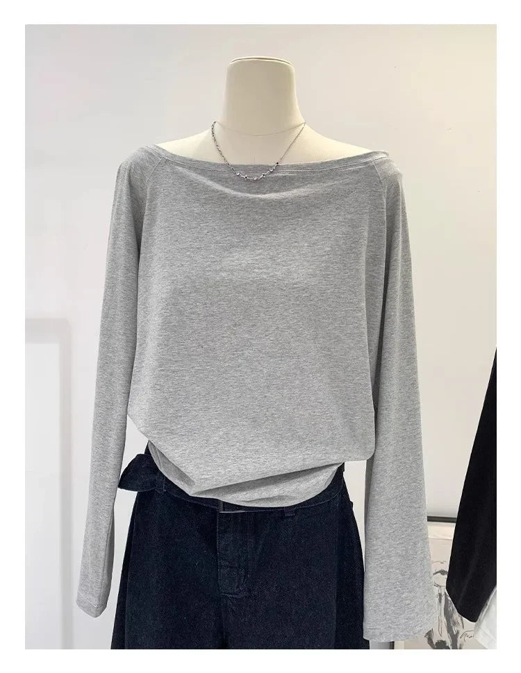 Otoño Invierno un hombro algodón manga larga hombro inclinado ropa de mujer estilo Interior ancho trufa hombro Base camisa
