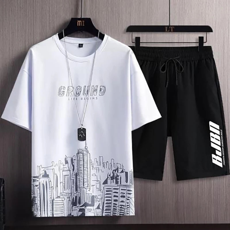 Traje deportivo informal de seda helada para hombre, sudadera estampada, pantalones de chándal para correr al aire libre, deportes, entrenamiento de baloncesto, traje de Fitness de 2 piezas