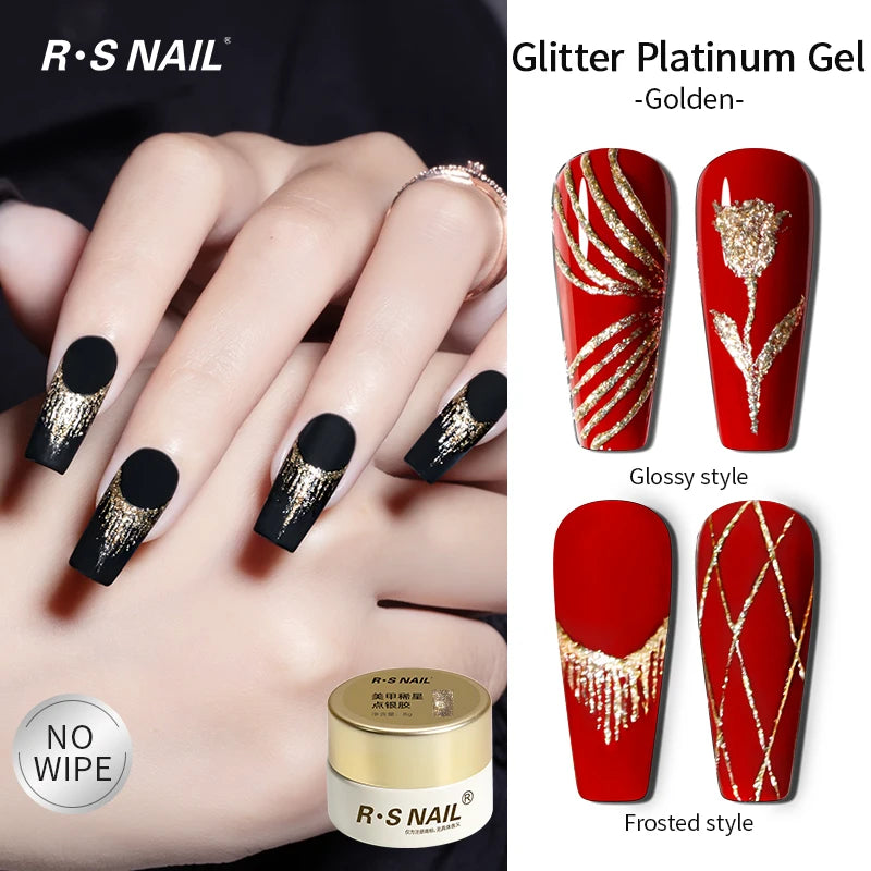 RSNAIL Esmalte de Uñas en Gel Platino Sin Capa Pegajosa 8g, Gel Metálico Brillante Dorado y Plateado para Delineado, Delineador para Dibujo Francés, Arte de Uñas DIY