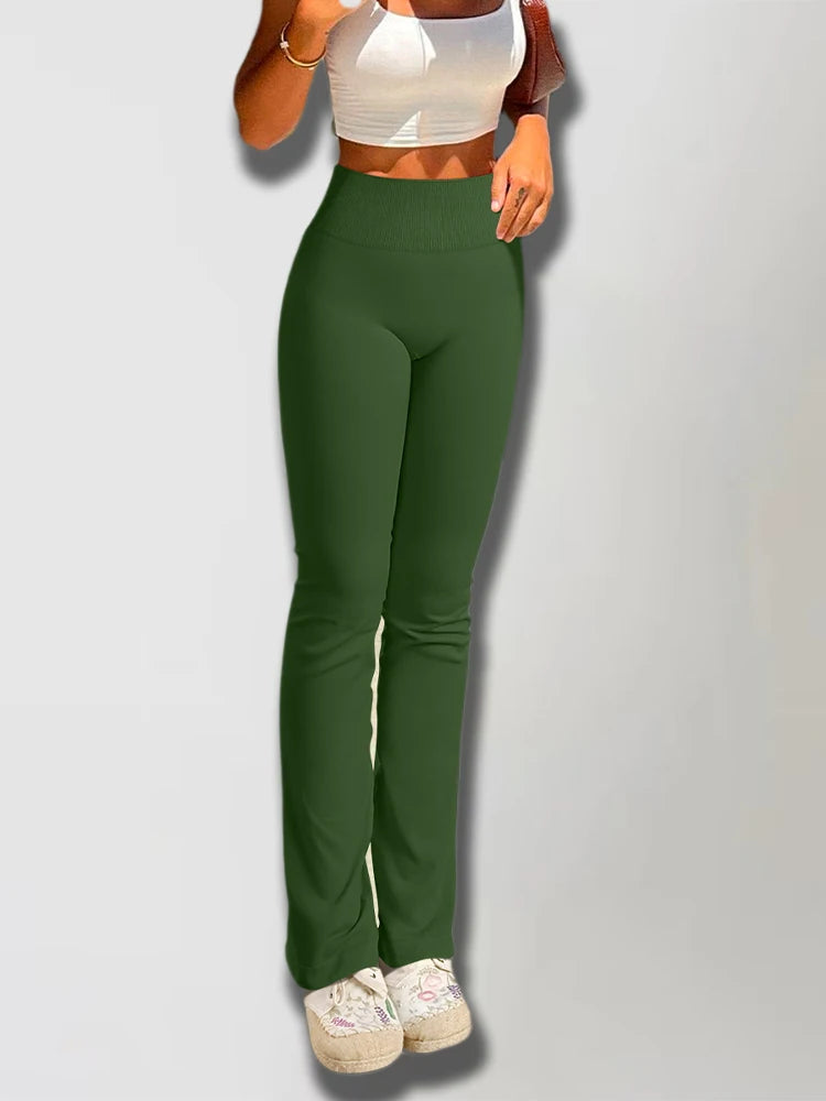 Leggings Sólidos para Mujer, Pantalones de Yoga de Punto Sin Costuras, Pantalones Acampanados, Leggings Deportivos Casuales Ajustados de Cintura Alta con Efecto Levanta Glúteos