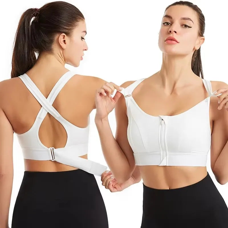 Sujetadores deportivos para mujer, cremallera frontal, correa ajustable, elástico a prueba de golpes, sujetador atlético para Fitness, Top corto ajustado para Yoga