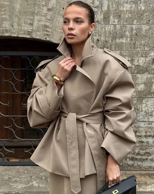 Gabardina lisa con cordones y solapa para mujer, abrigo corto holgado a la moda con mangas largas y hombros anchos, prendas de vestir para ir al trabajo de otoño 2025