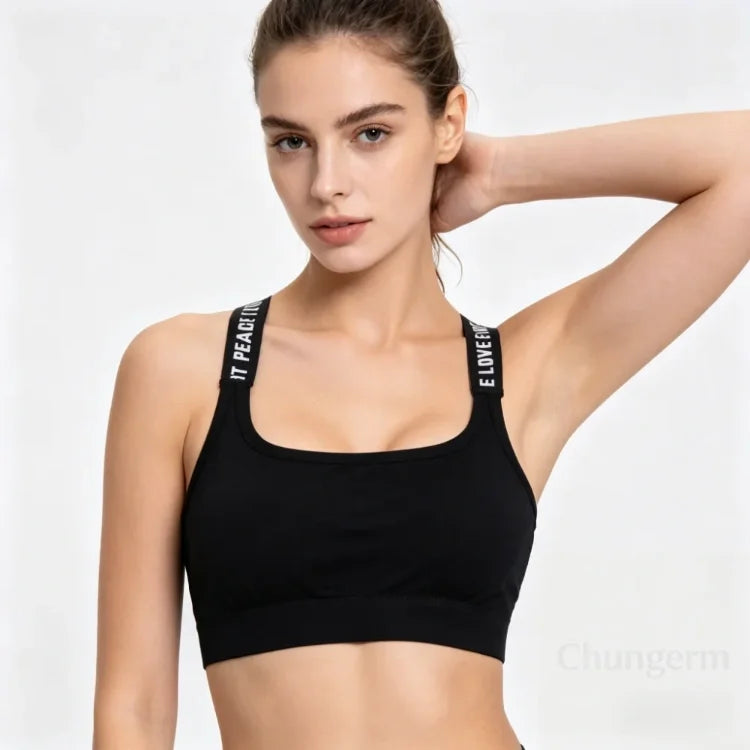 Ropa interior deportiva para mujer, top corto sin costuras para yoga y fitness, con tirantes anchos con letras, cómodo para entrenamiento, ropa deportiva sin aros en la espalda