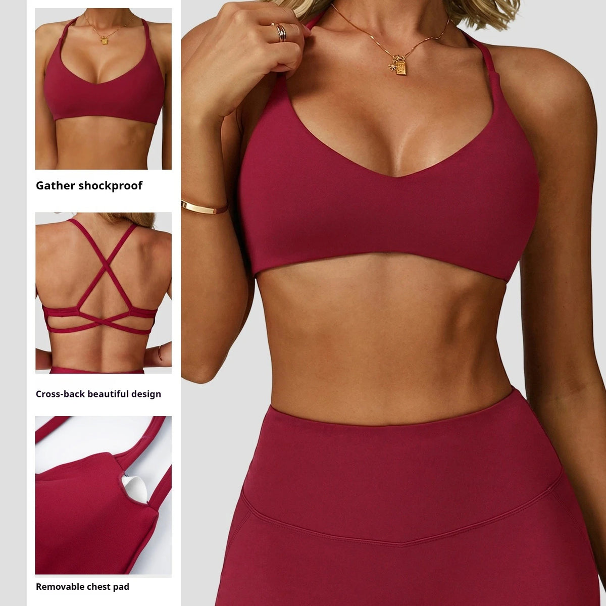 Sujetador deportivo de alto soporte para mujer, ropa interior de gimnasio, top corto push-up con espalda cruzada para yoga, running, entrenamiento, fitness, pilates, color liso
