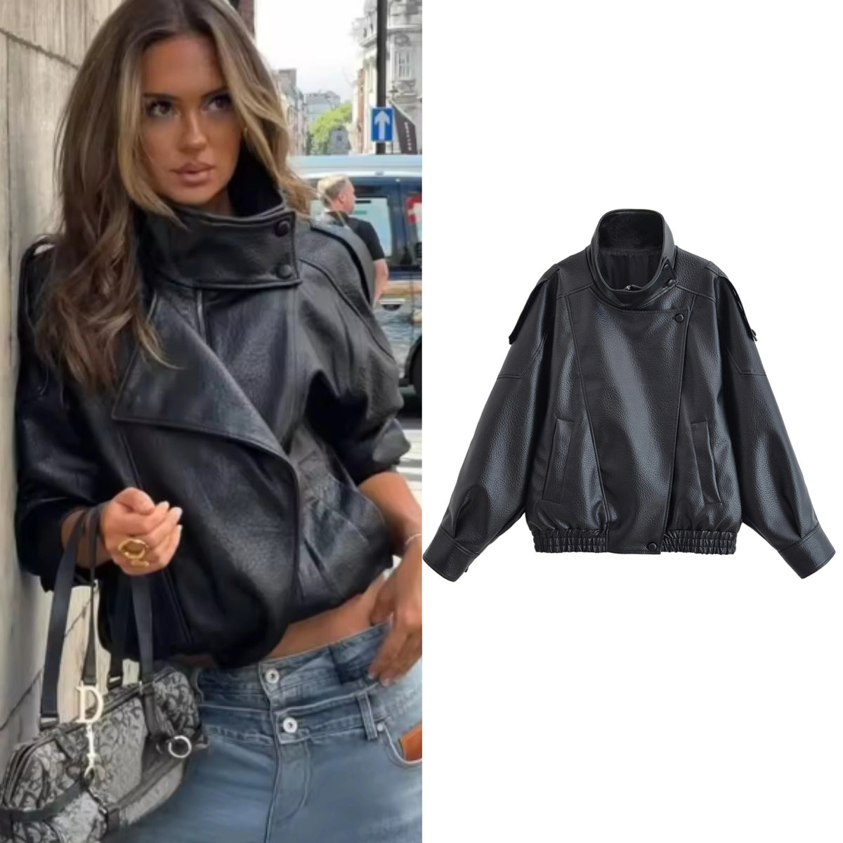 Chaqueta de Mujer Otoño 2026, Nueva Chaqueta Negra de Manga Larga de Cuero Sintético con Textura Granulada, Estilo Motociclista, a la Moda y con Personalidad