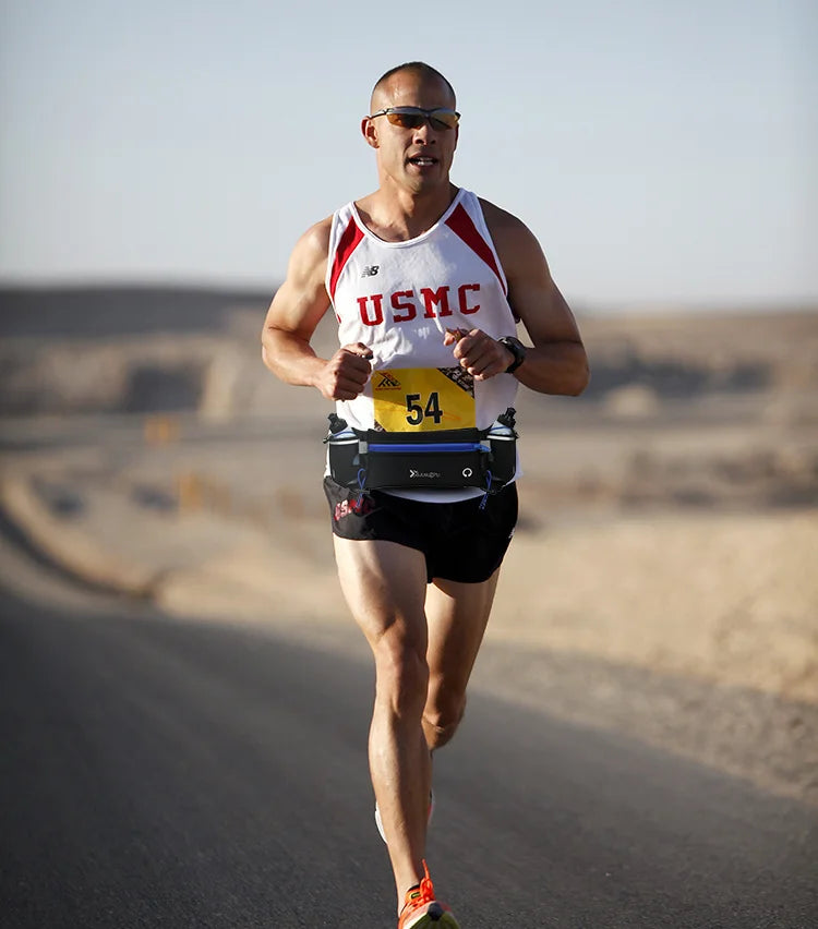 Riñonera deportiva para hombre/mujer, riñonera para correr, maratón, botella de agua para teléfono, riñonera deportiva, cinturón para correr con dos bolsillos