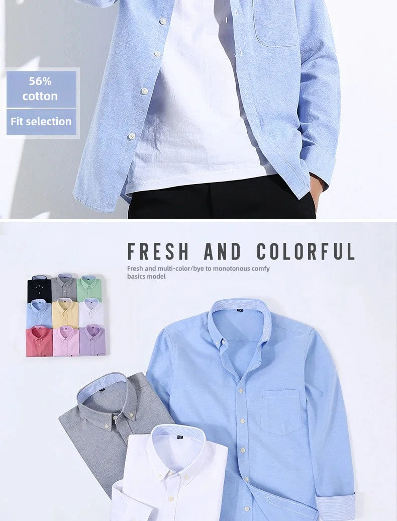Camisa de Manga Larga para Hombre, Primavera, Verano, Otoño, Invierno, Oxford, Tejido Oxford, Corte Slim, Sin Plancha, Cómoda, Suave, Informal, a la Moda, Sencilla, para el Trabajo
