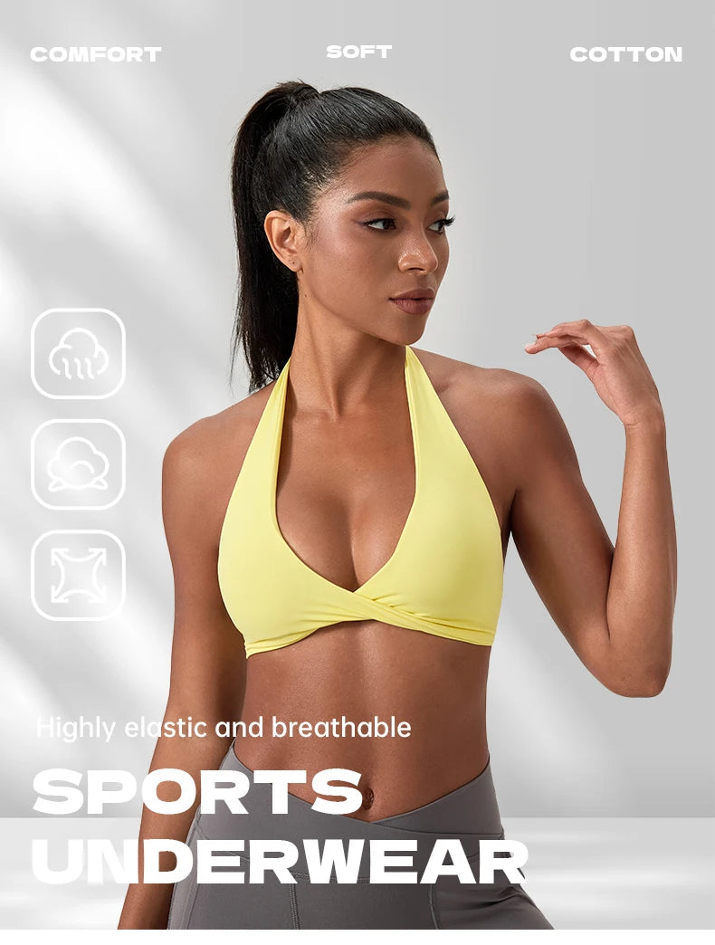 Sujetador deportivo de yoga para mujer, cuello halter con diseño de espalda elegante, sujetador de gimnasio sexy para correr, sujetadores deportivos de fitness