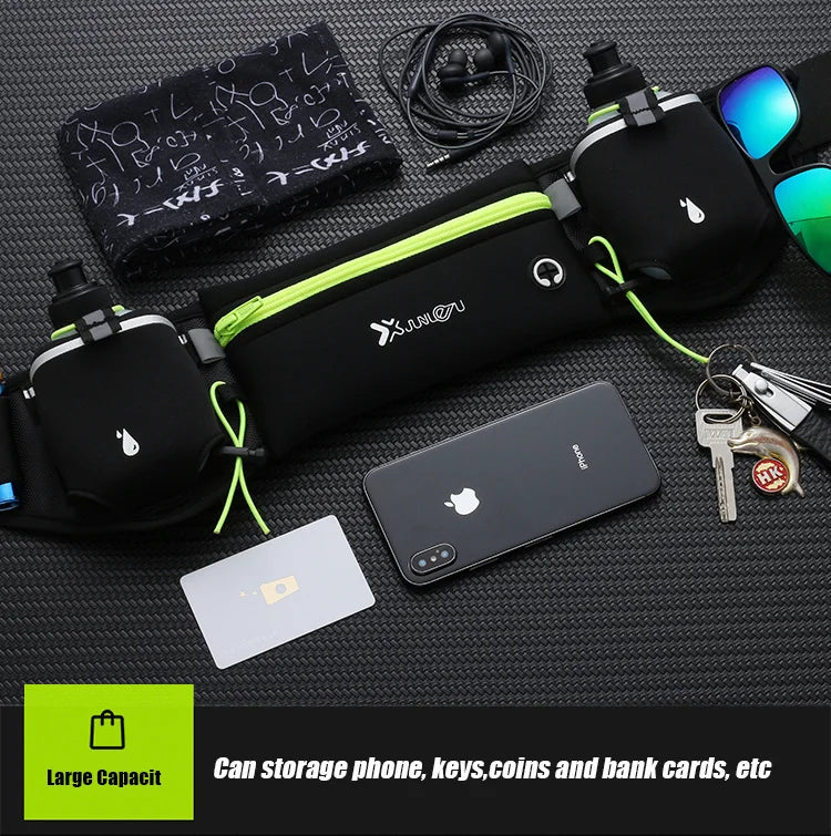 Riñonera deportiva para hombre/mujer, riñonera para correr, maratón, botella de agua para teléfono, riñonera deportiva, cinturón para correr con dos bolsillos