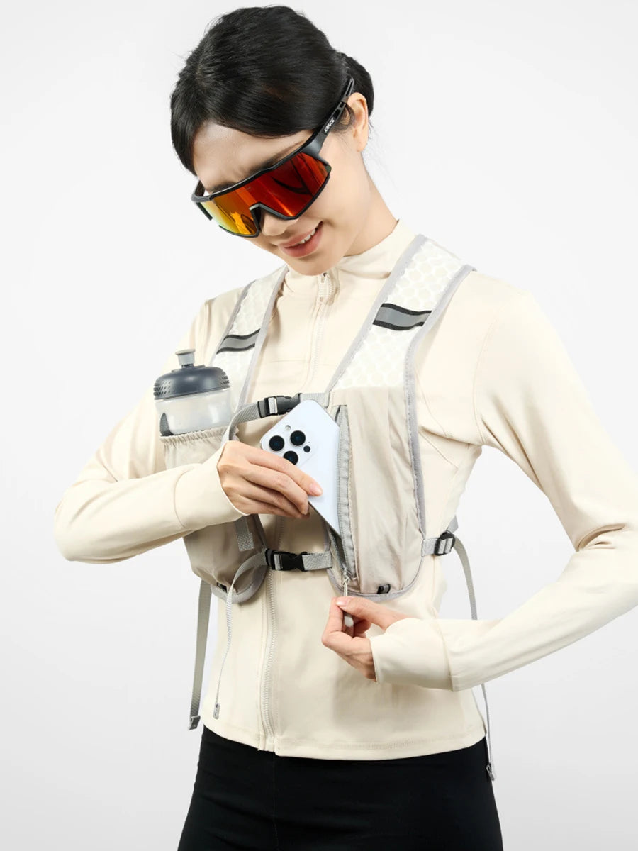 Chaleco de almacenamiento para correr en bicicleta, chaleco ligero para correr, paquete de pecho de agua de hidratación reflectante con bolsillo de almacenamiento para teléfono
